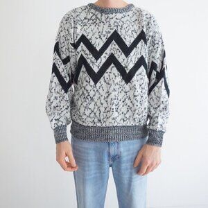Vintage Celebrity Club Black White Chevron Knit Sweater Eclectic Grandpa Preppy